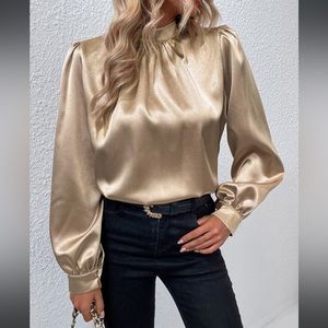 Lantern Sleeve Mock Neck Satin Blouse